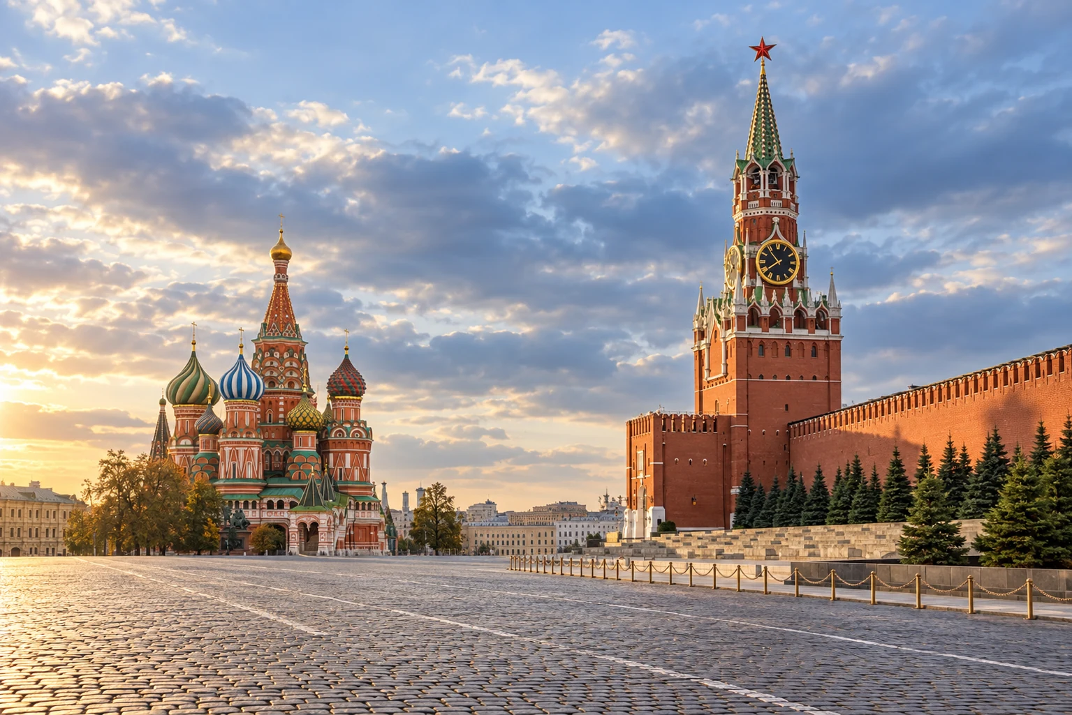 Красная площадь в Москве с собором Василия Блаженного и Спасской башней